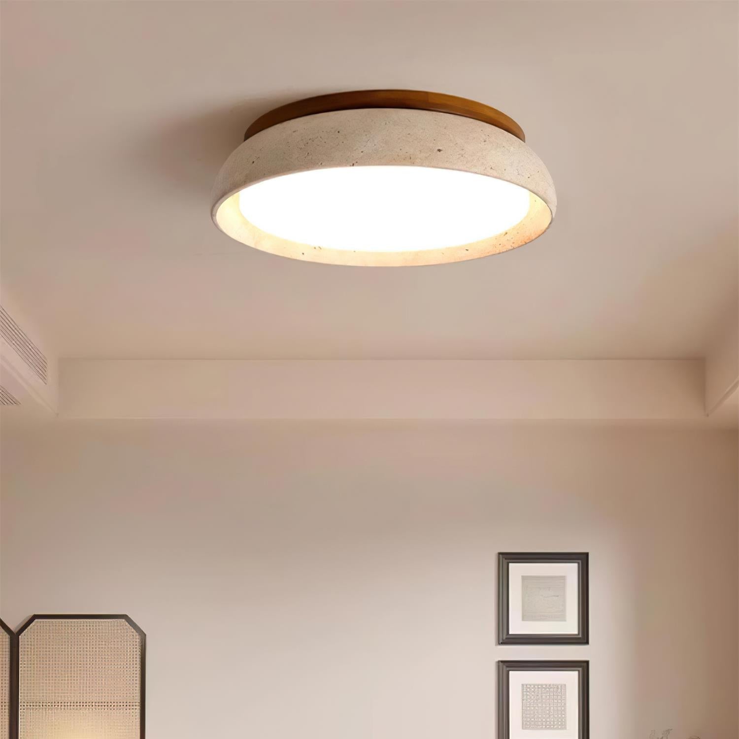 Ceiling Light With Wooden Base Natural Stone Travertine